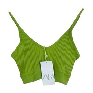 NWT Zara Crop Top Womens L Lime Green 100% Cotton Ribbed Minimalist Y2K 90s
